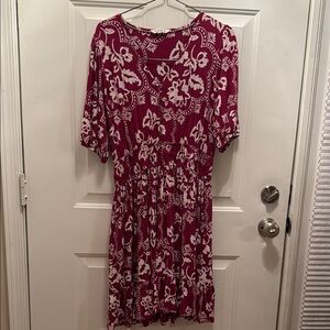 Fat Face Maroon Midi Dress with 3/4 Sleeves and White Details